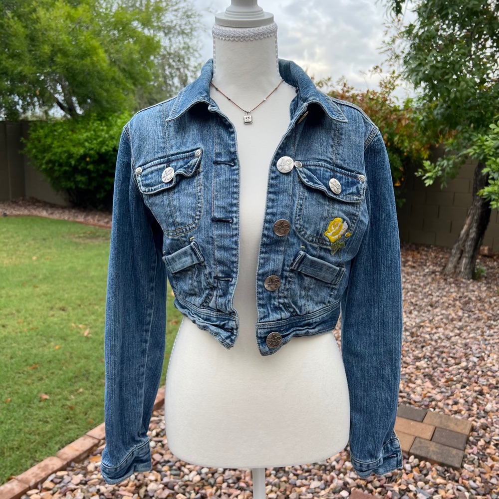 y2k cropped denim jacket with yellow flower embroidery